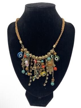 Vintage Boho Hamsa Hand Evil Eye Charm Necklace 26" Mixed Bead Cord New Age